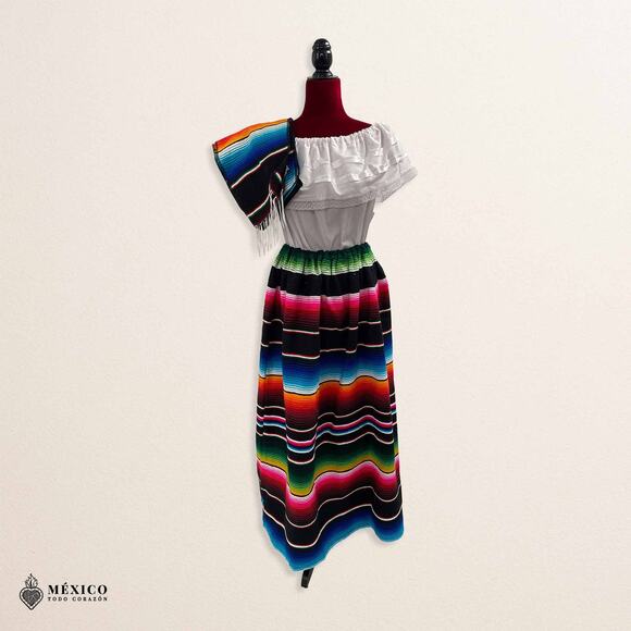 Traditional Mexican Sarape Dress Set, 3 Piece Outfit with Blouse, Skirt & Rebozo - Picture 6 of 9